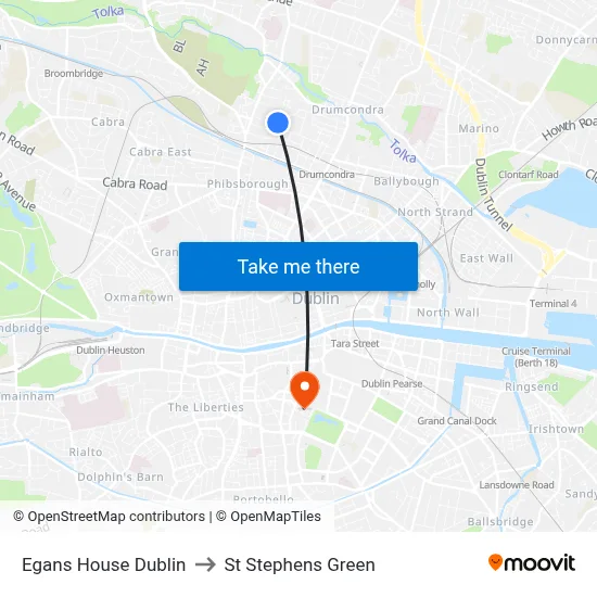 Egans House Dublin to St Stephens Green map