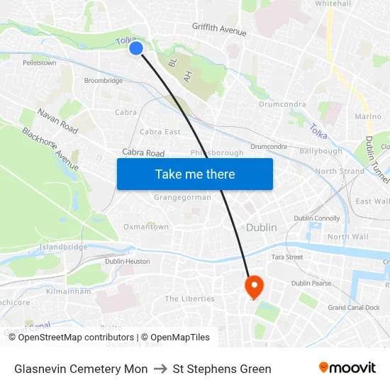Glasnevin Cemetery Mon to St Stephens Green map
