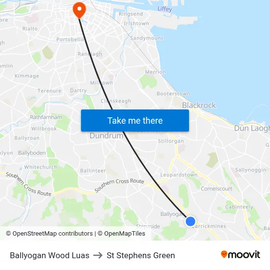 Ballyogan Wood Luas to St Stephens Green map