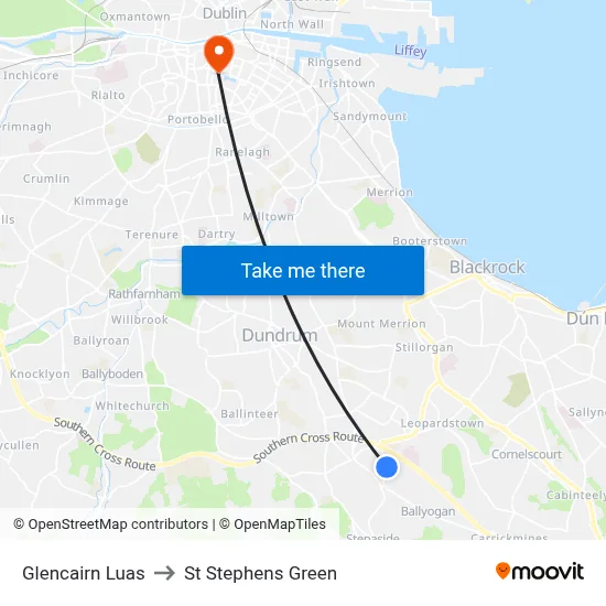 Glencairn Luas to St Stephens Green map