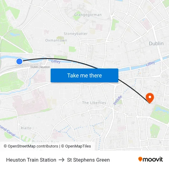 Heuston Train Station to St Stephens Green map