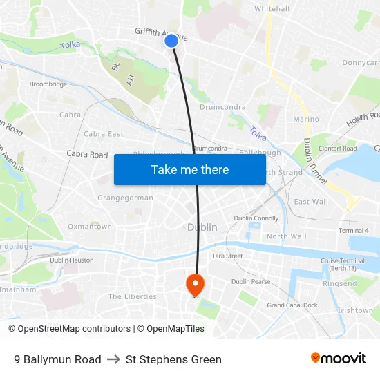 9 Ballymun Road to St Stephens Green map