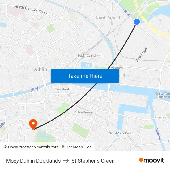 Moxy Dublin Docklands to St Stephens Green map