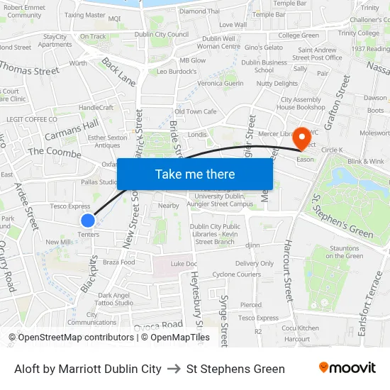 Aloft by Marriott Dublin City to St Stephens Green map