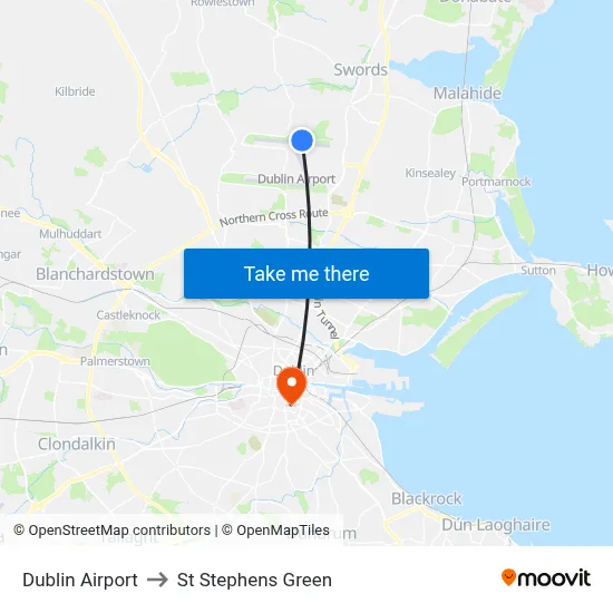 Dublin Airport to St Stephens Green map