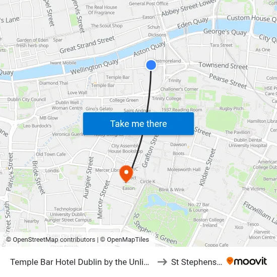 Temple Bar Hotel Dublin by the Unlimited Collection to St Stephens Green map