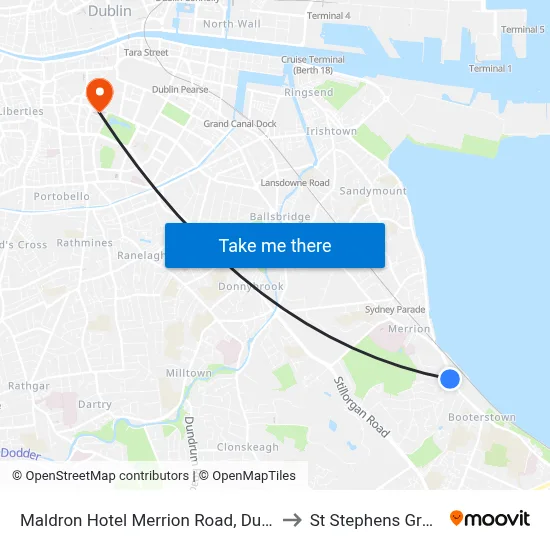 Maldron Hotel Merrion Road, Dublin to St Stephens Green map