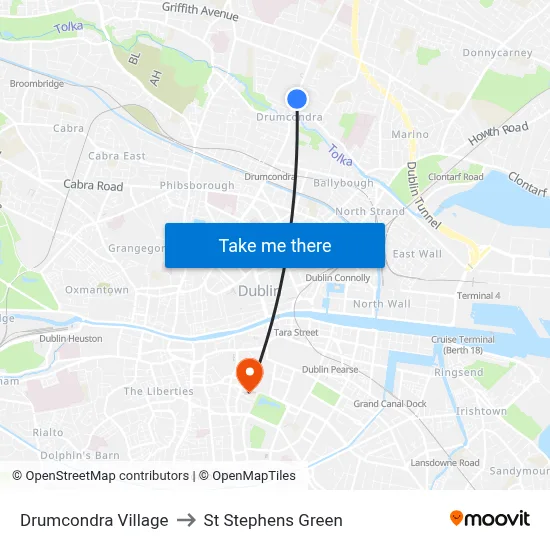 Drumcondra Village to St Stephens Green map