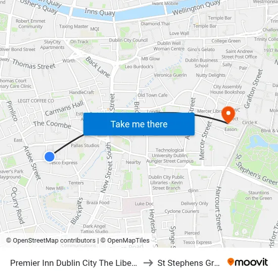 Premier Inn Dublin City The Liberties to St Stephens Green map