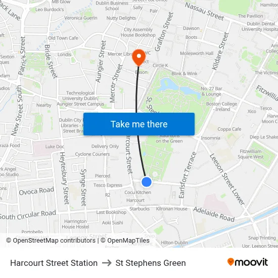 Harcourt Street Station to St Stephens Green map