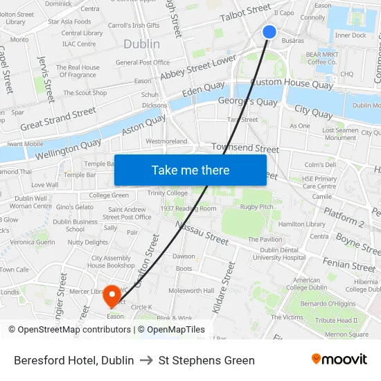 Beresford Hotel, Dublin to St Stephens Green map