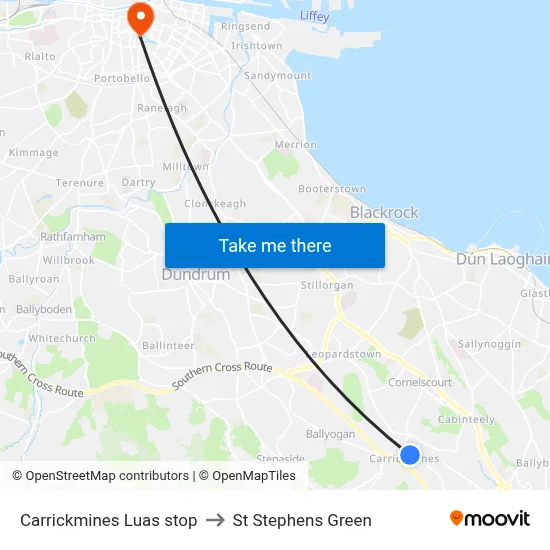 Carrickmines Luas stop to St Stephens Green map