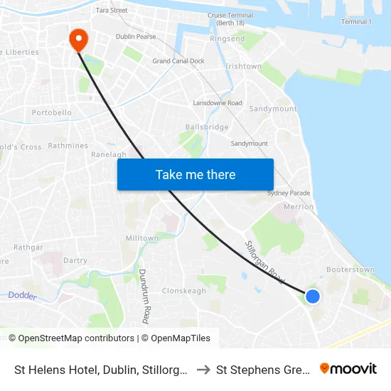 St Helens Hotel, Dublin, Stillorgan to St Stephens Green map