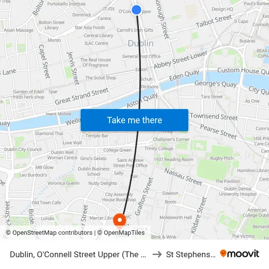 Dublin, O'Connell Street Upper (The Gresham Hotel) to St Stephens Green map