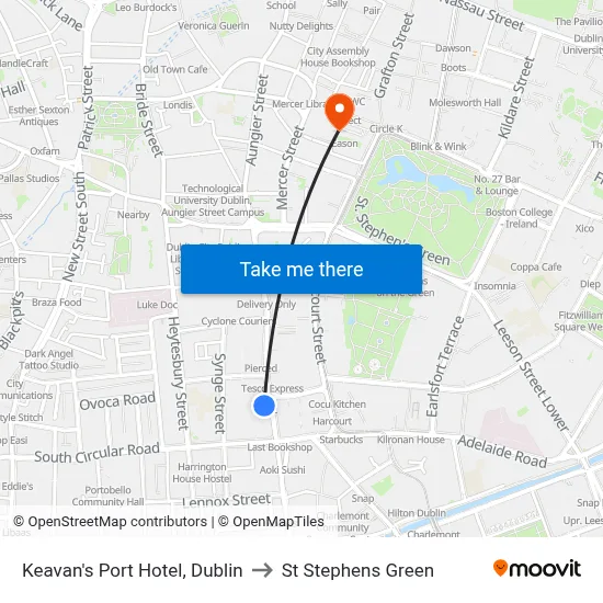 Keavan's Port Hotel, Dublin to St Stephens Green map