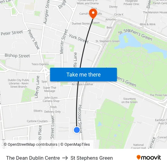 The Dean Dublin Centre to St Stephens Green map