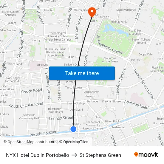 NYX Hotel Dublin Portobello to St Stephens Green map