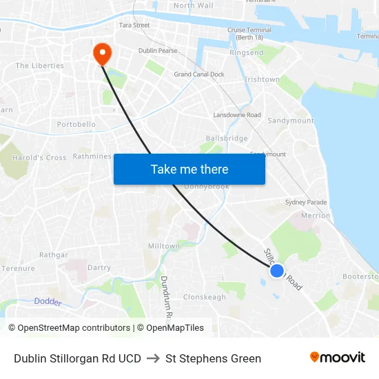 Dublin Stillorgan Rd UCD to St Stephens Green map