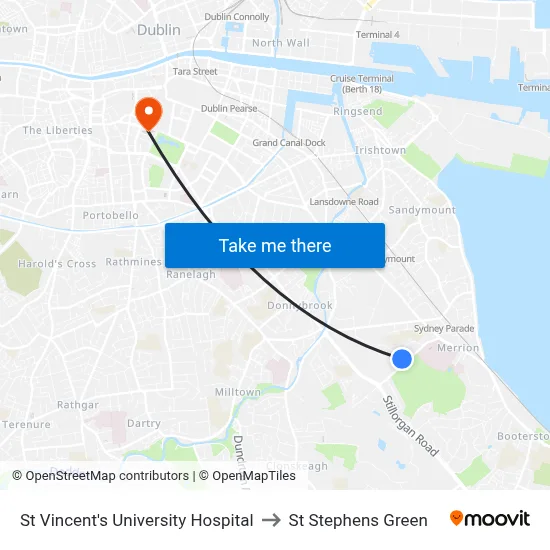 St Vincent's University Hospital to St Stephens Green map