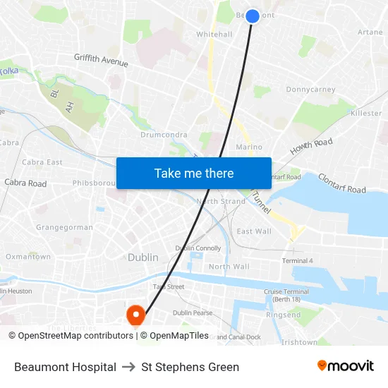 Beaumont Hospital to St Stephens Green map