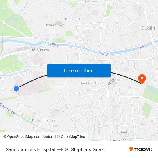 Saint James's Hospital to St Stephens Green map