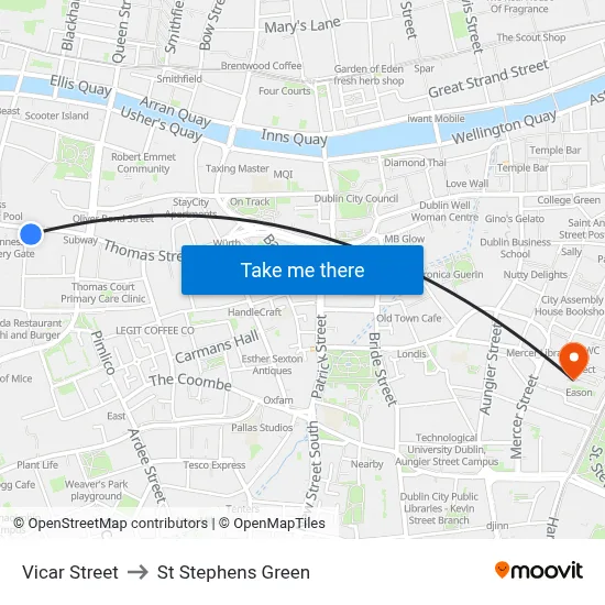 Vicar Street to St Stephens Green map