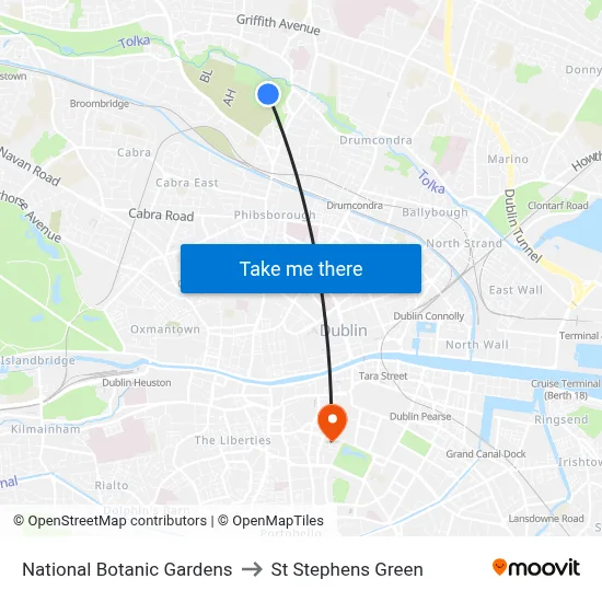 National Botanic Gardens to St Stephens Green map