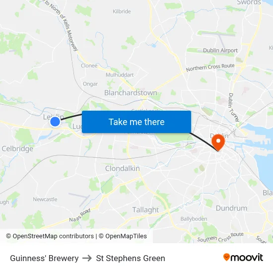 Guinness' Brewery to St Stephens Green map