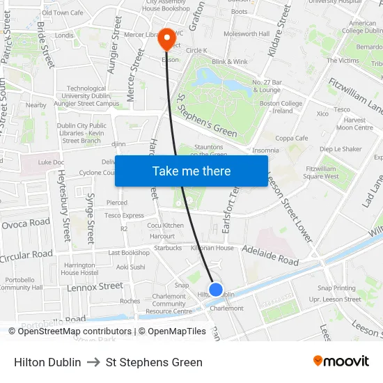 Hilton Dublin to St Stephens Green map