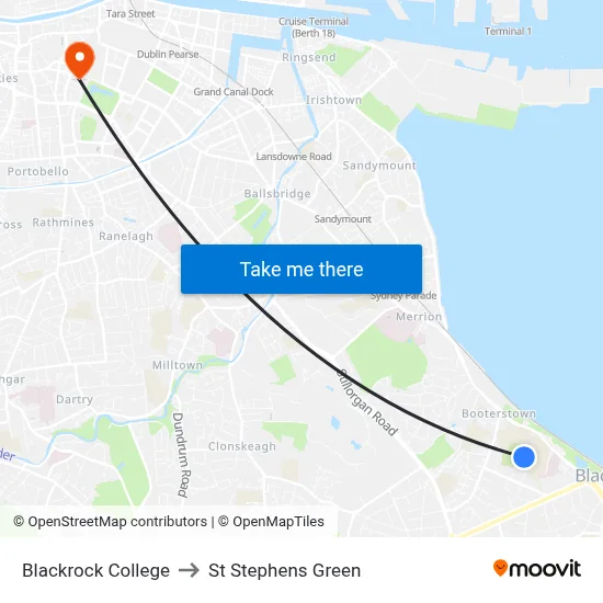 Blackrock College to St Stephens Green map