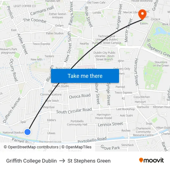 Griffith College Dublin to St Stephens Green map