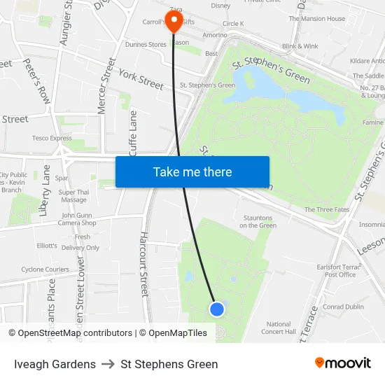 Iveagh Gardens to St Stephens Green map