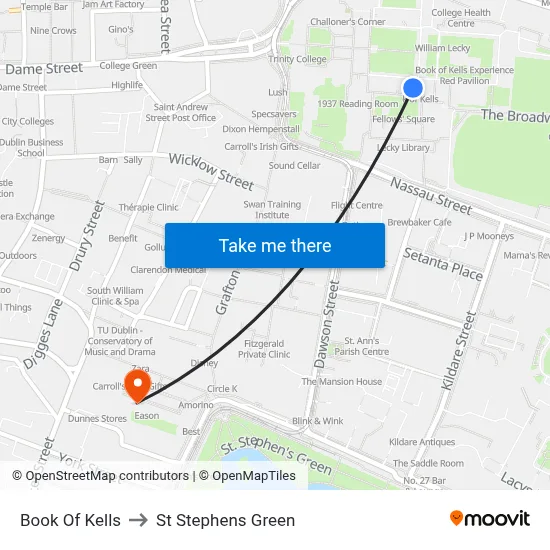 Book Of Kells to St Stephens Green map