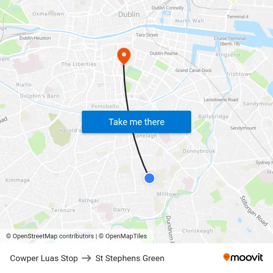 Cowper Luas Stop to St Stephens Green map