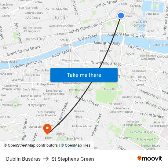 Dublin Busáras to St Stephens Green map