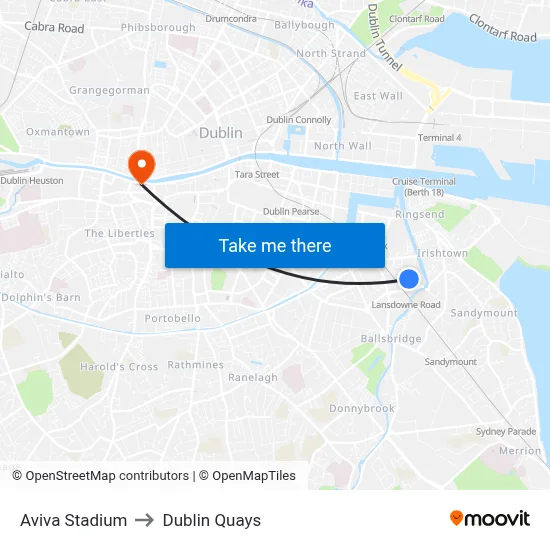 Aviva Stadium to Dublin Quays map
