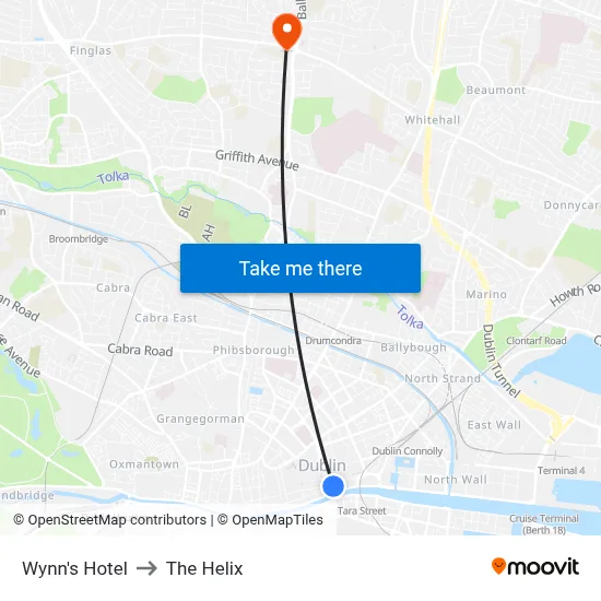 Wynn's Hotel to The Helix map