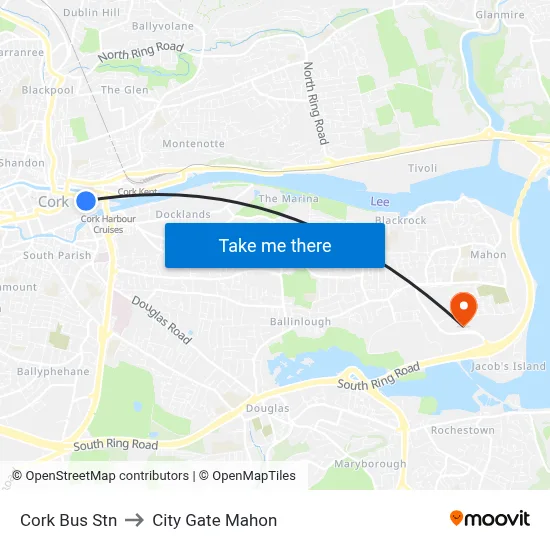 Cork Bus Stn to City Gate Mahon map
