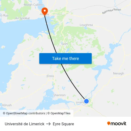 Université de Limerick to Eyre Square map