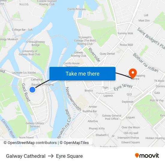 Galway Cathedral to Eyre Square map