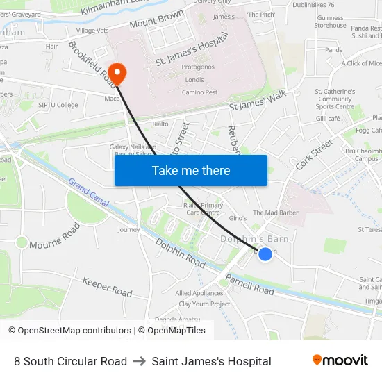 8 South Circular Road to Saint James's Hospital map