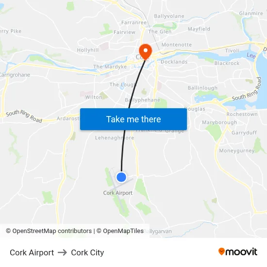Cork Airport to Cork City map