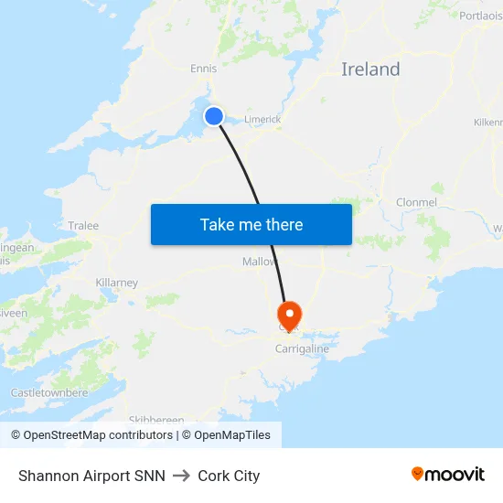 Shannon Airport SNN to Cork City map