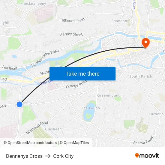 Dennehys Cross to Cork City map