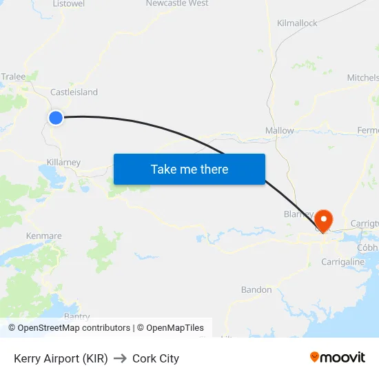 Kerry Airport (KIR) to Cork City map