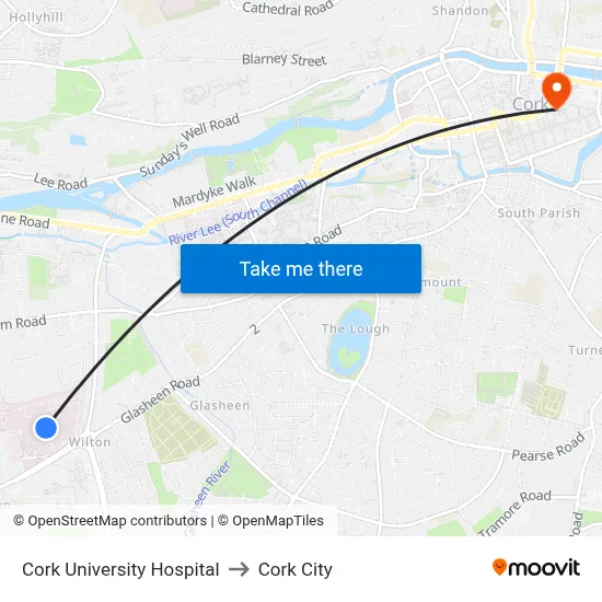 Cork University Hospital to Cork City map