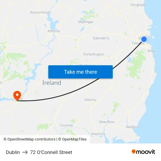Dublin to 72 O'Connell Street map