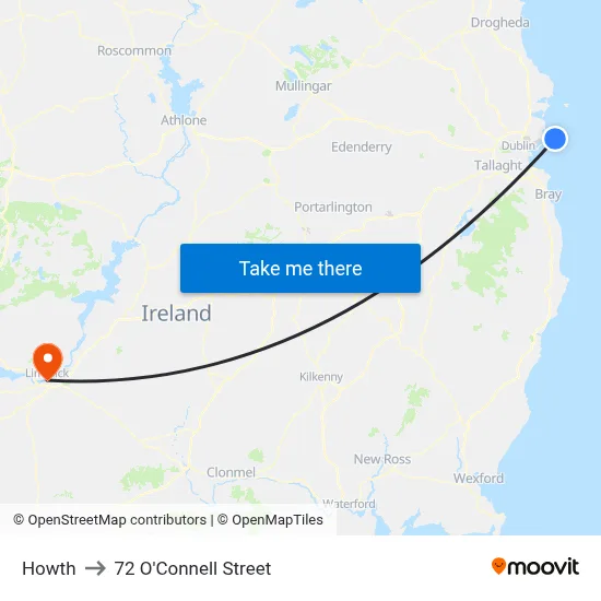 Howth to 72 O'Connell Street map