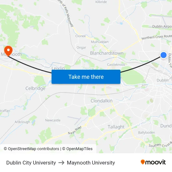 Dublin City University to Maynooth University map