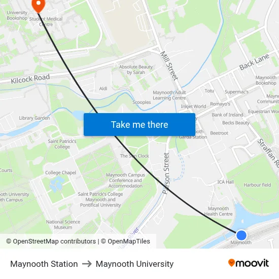 Maynooth Station to Maynooth University map